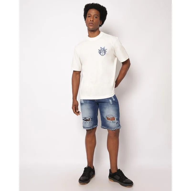 Bermuda Jeans Masculina Reta Destroyed Barra Desfiada Azul 48