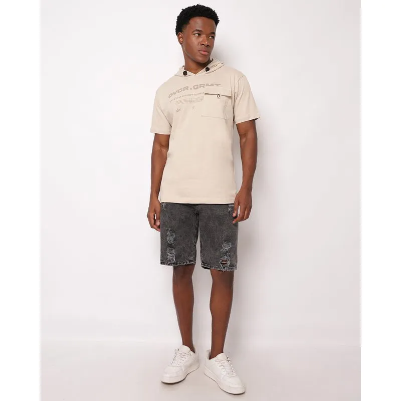 Bermuda Jeans Masculina Reta com Destroyed Marmorizada Preta 44