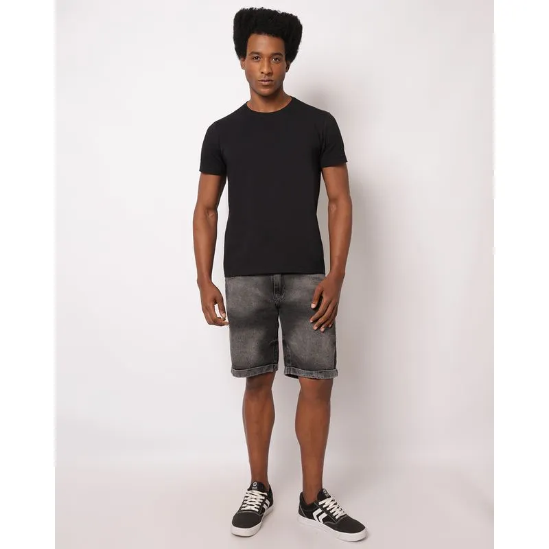 Bermuda Jeans Masculina Reta Barra Dobrada Preta 46