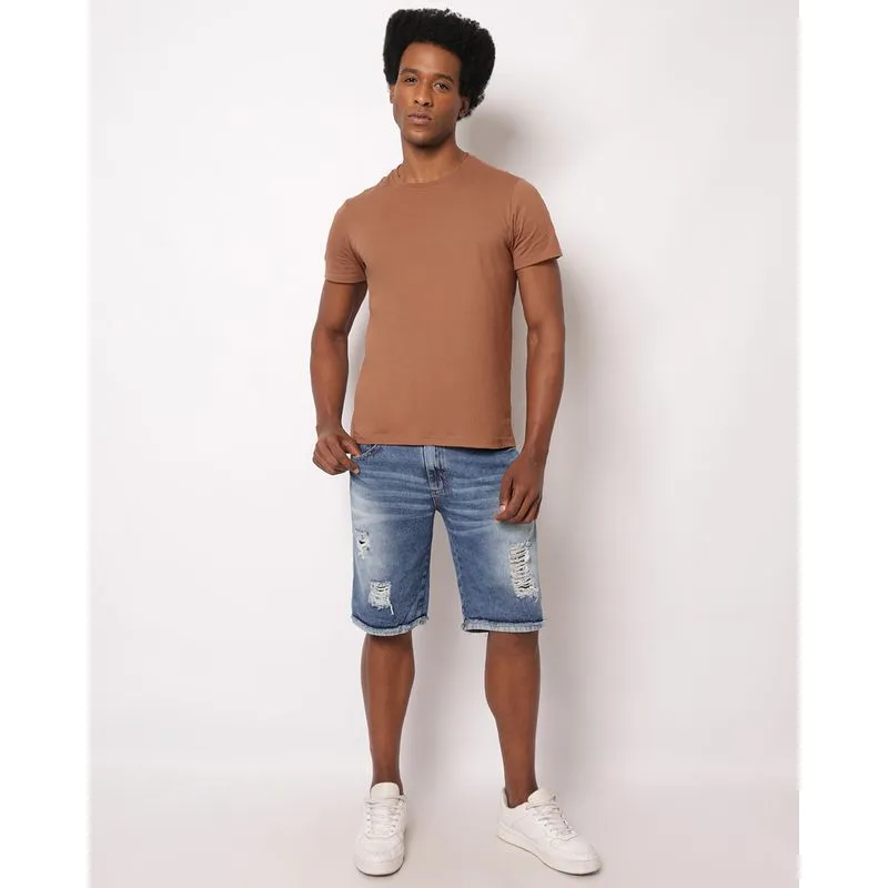 Bermuda Jeans Masculina Reta Destroyed Barra Desfiada Azul 44