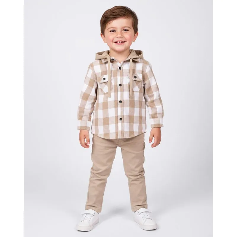 Camisa Bebê com Estampa Xadrez Capuz Manga Longa Bege 3