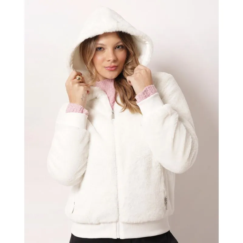 Jaqueta Feminina Peluciada com Bolsos Capuz Off White G