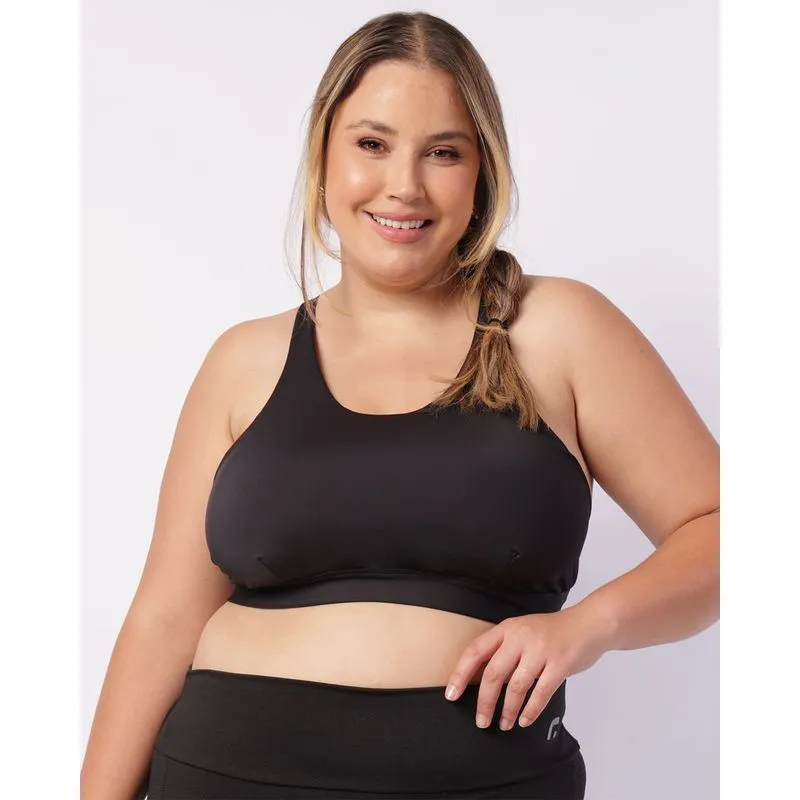 Top Fitness Plus Size Feminino Fitter Cruzado com Bojo Preto G1