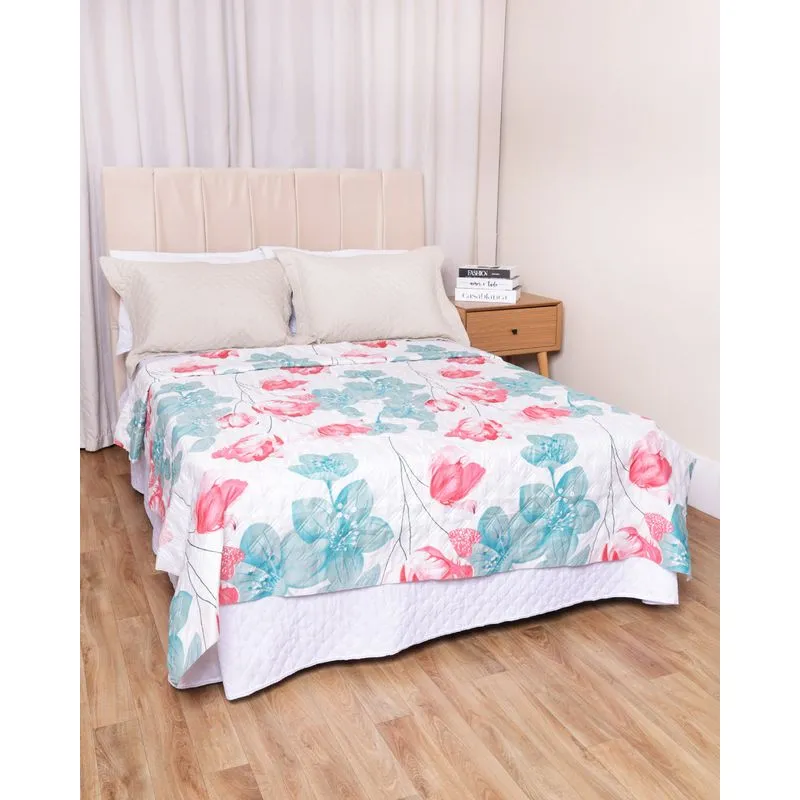 Colcha Casal Com Viés Arte & Cazza 180x2,15m Floral Branca UN