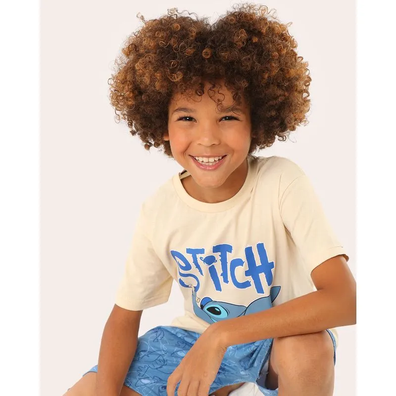 Camiseta Infantil Algodão Disney Stitch Manga Curta Bege 4