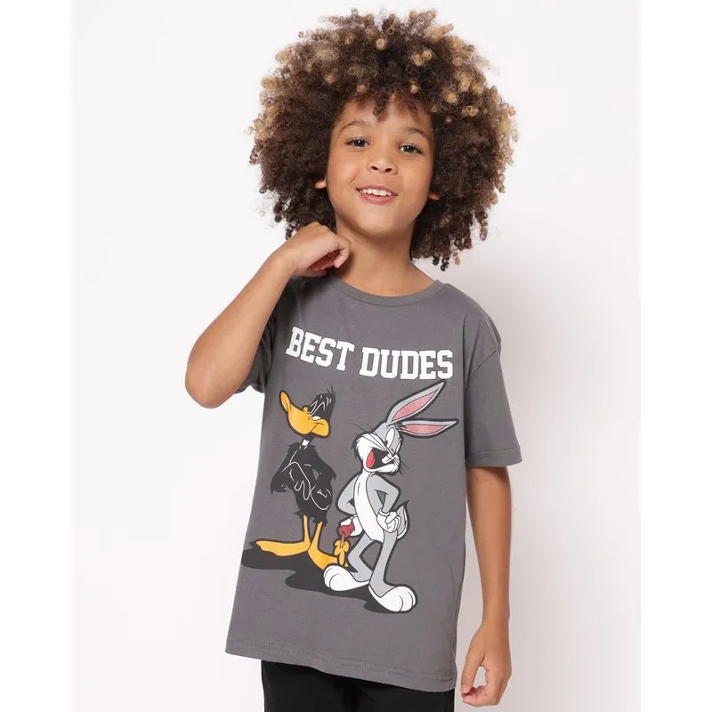 Camiseta Infantil Algodão Looney Tunes Manga Curta Cinza 16