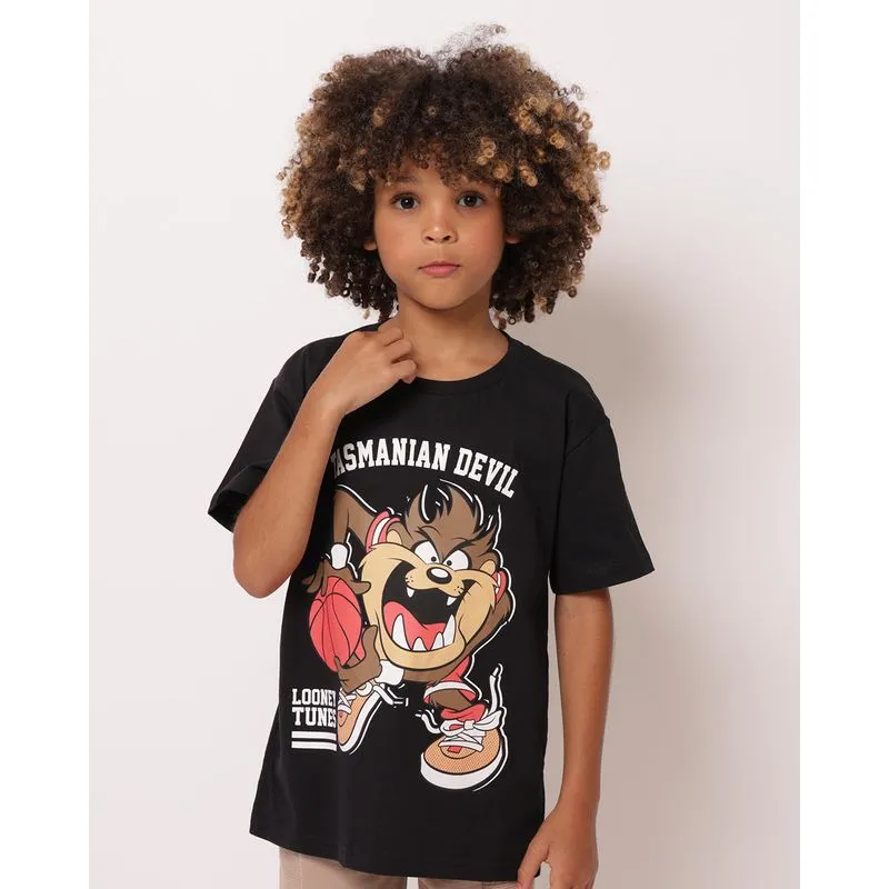 Camiseta Infantil Algodão Looney Tunes Manga Curta Preta 18