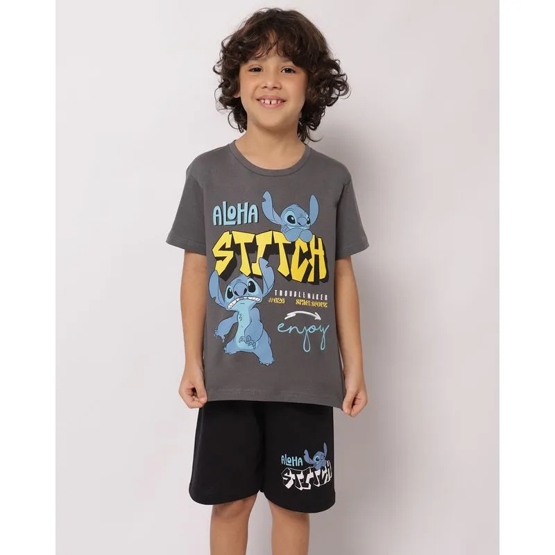 Conjunto Infantil Curto Algodão Disney Stitch Cinza 8