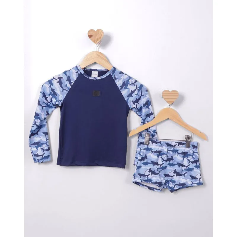 Conjunto Praia Infantil Manga Longa + Sunga Proteção UV50+ Marinho 4