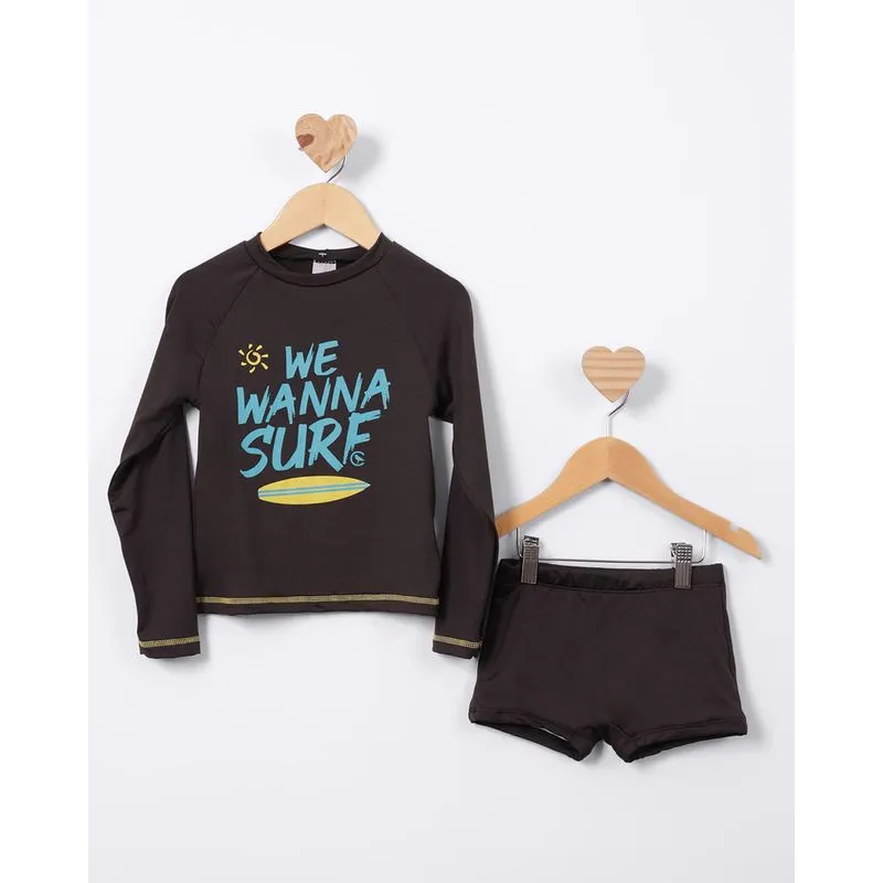 Conjunto Infantil Praia Camiseta + Sunga Boxer Proteção UV50+ Preto 10