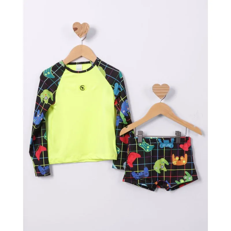 Conjunto Praia Infantil Manga Longa + Sunga Proteção UV50+ Amarelo 6