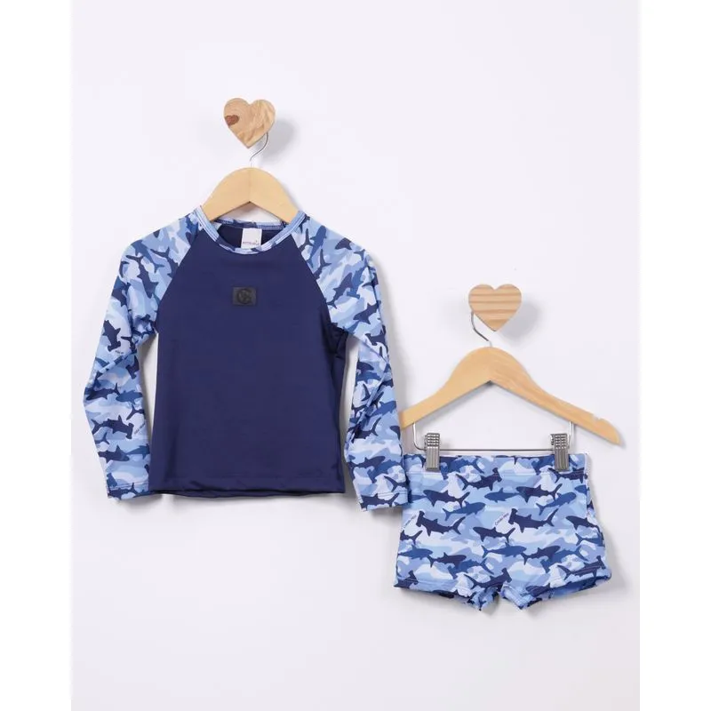 Conjunto Bebê Praia Camiseta + Sunga Boxer Proteção UV50+ Marinho 2