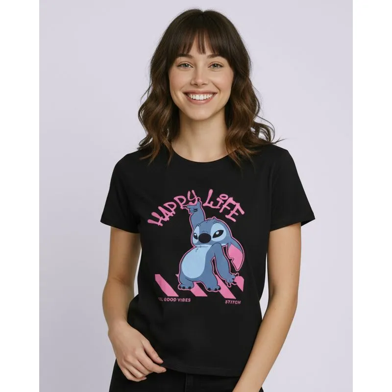 Camiseta Feminina Algodão Disney Stitch Manga Curta Preta G