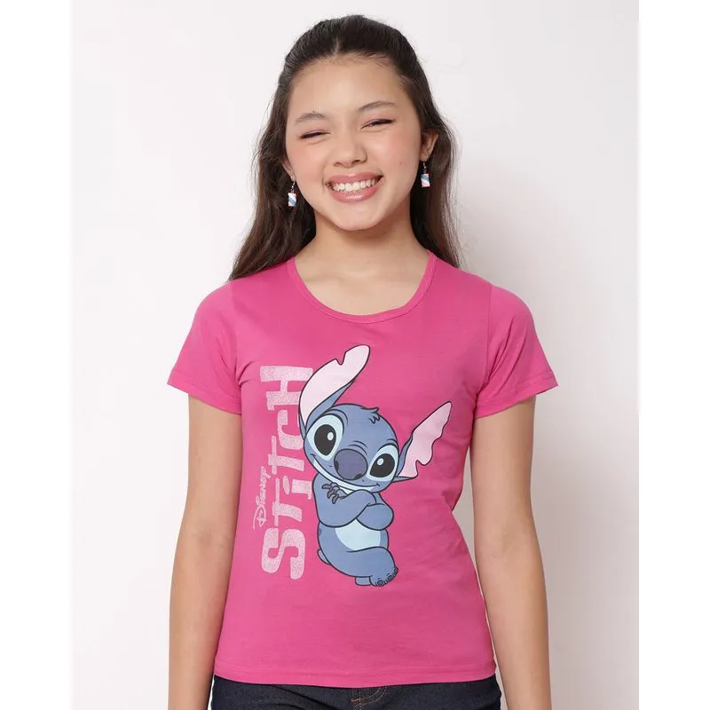 Camiseta Juvenil Manga Curta Disney Stitch Rosa 4