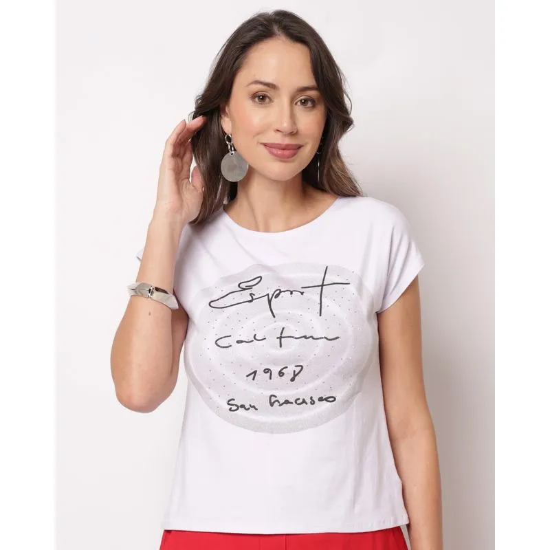 Blusa Feminina Estampa com Strass Manga Curta Branca P
