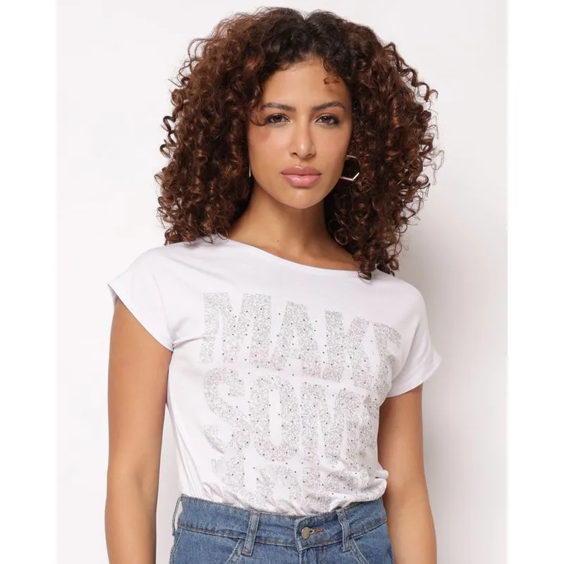 Blusa Feminina Estampa com Strass Manga Curta Branca M