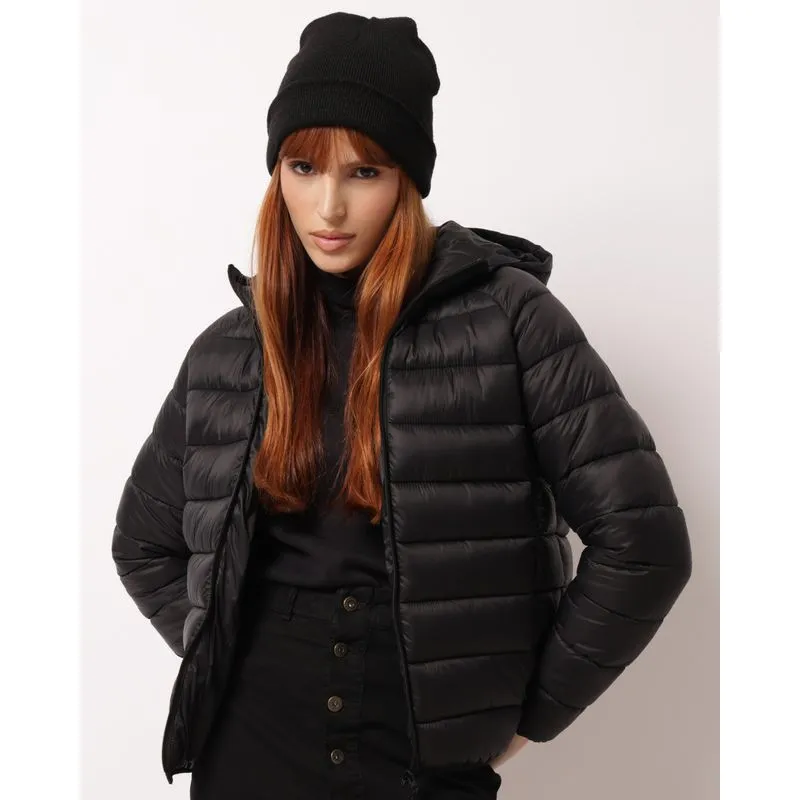 Jaqueta Feminina Puffer com Capuz Bolsos Preta G