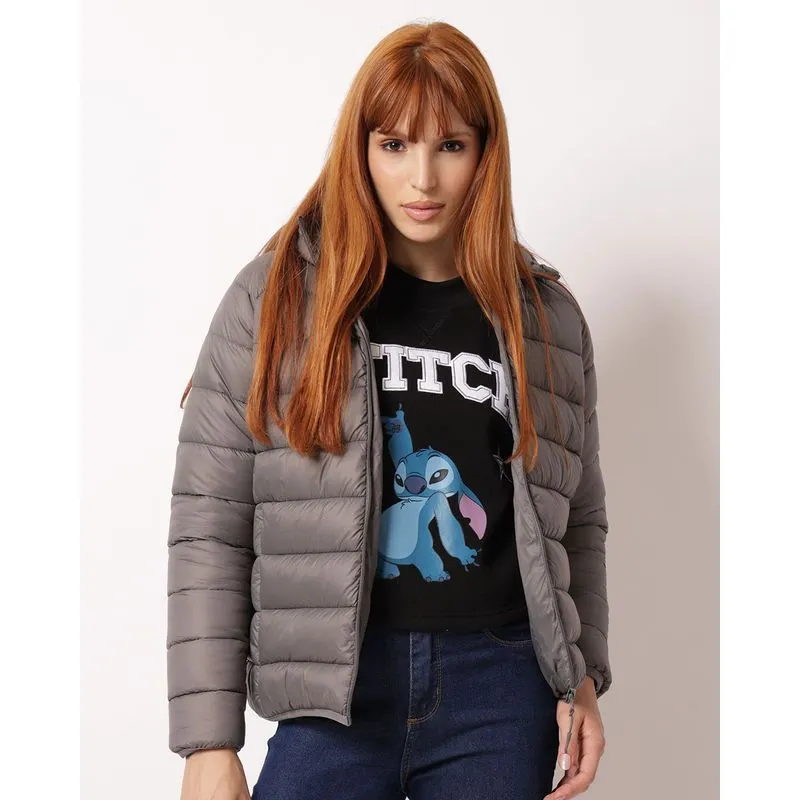 Jaqueta Feminina Puffer com Capuz Bolsos Cinza P