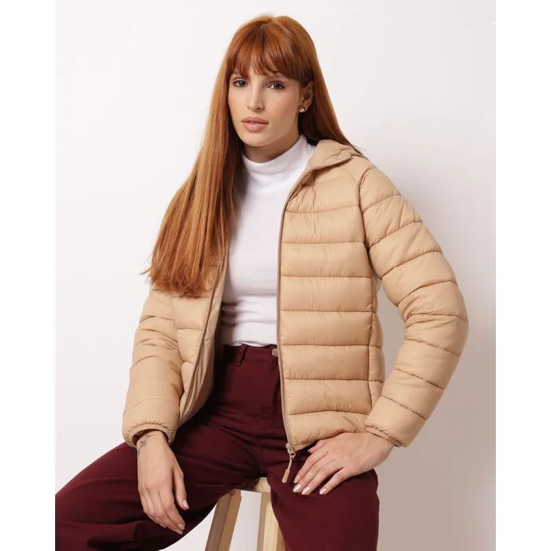 Jaqueta Feminina Puffer com Capuz Bege M