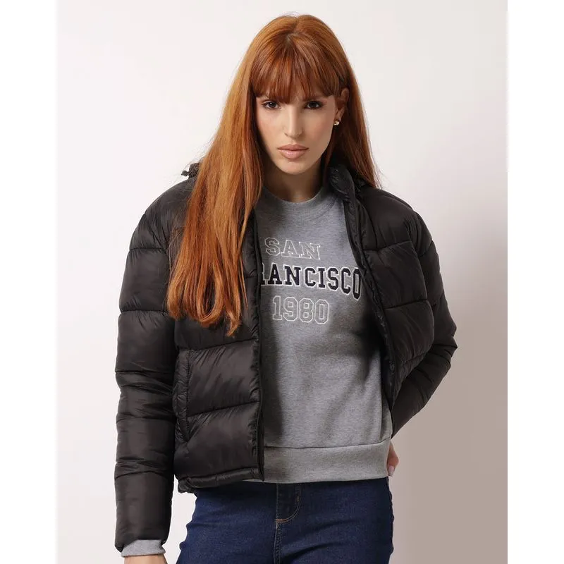 Jaqueta Feminina Puffer com Capuz Removível Preta G
