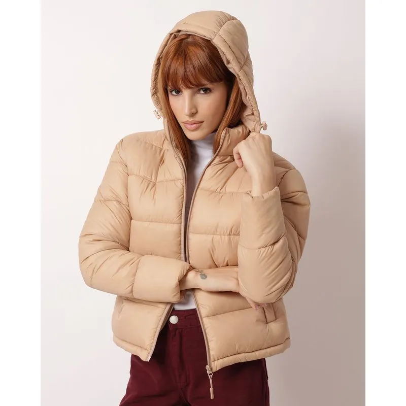 Jaqueta Feminina Puffer com Capuz Removível Bolsos Bege P