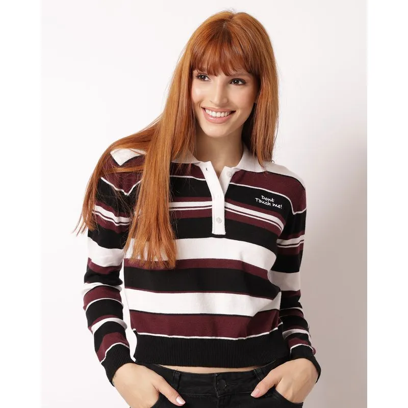 Blusa Polo Feminina Tricô Listrado Manga Longa Preto M