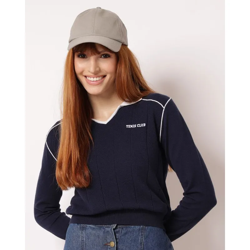 Blusa Polo Feminina Tricô com Detalhe Vivo Bordado Marinho GG