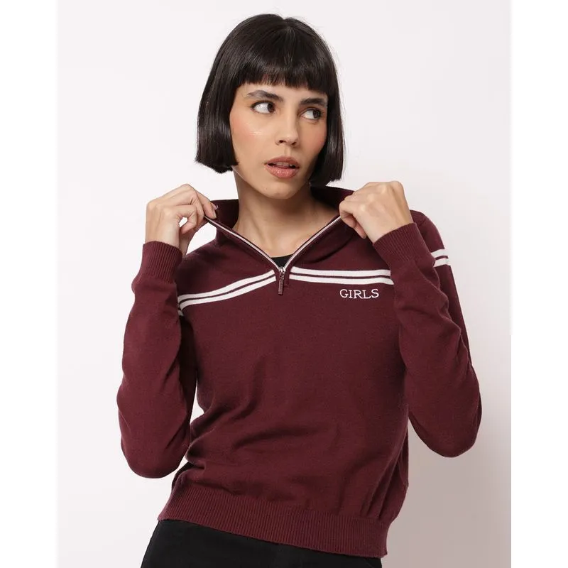Suéter Feminino Tricô com Zíper Bordado Girls Vinho G