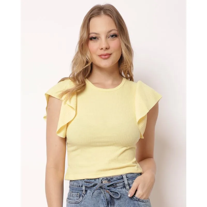 Blusa Feminina Canelada Manga Babado Amarelo GG
