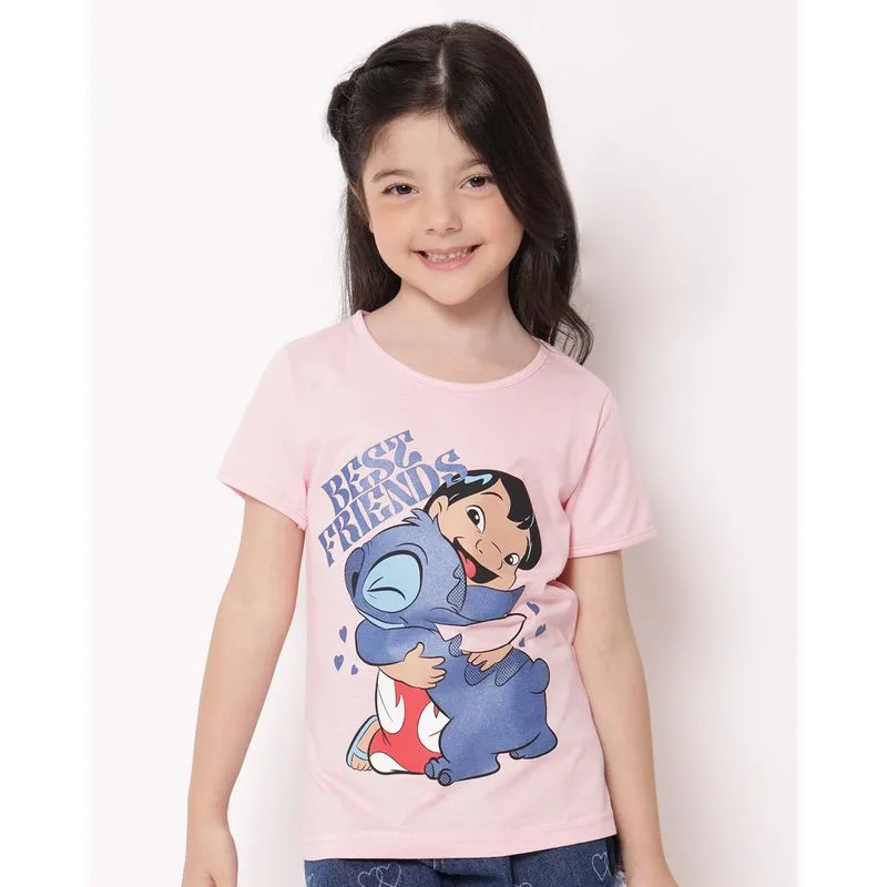 Camiseta Infantil Algodão Estampa Disney Lilo & Stitch Rosa 8