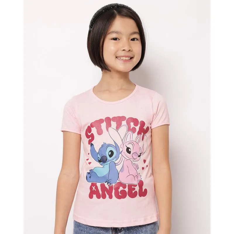 Camiseta Infantil Algodão Disney Stitch e Angel Manga Curta Rosa 10