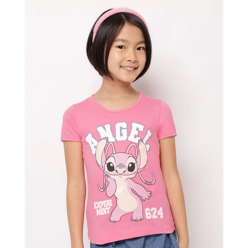 Camiseta Infantil Algodão Disney Stitch Manga Curta Rosa 4
