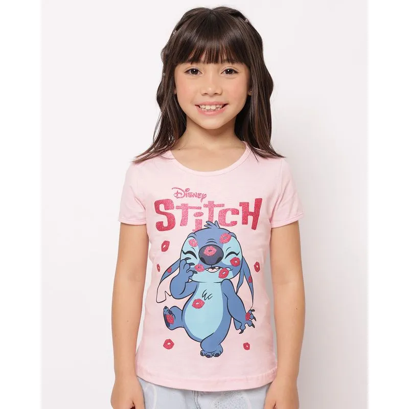 Camiseta Infantil Algodão Disney Stitch com Glitter Manga Curta Rosa 10