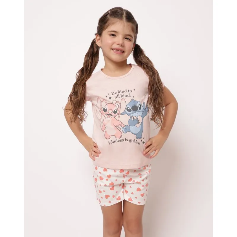 Pijama Infantil Curto Algodão Disney Stitch Rosa 10