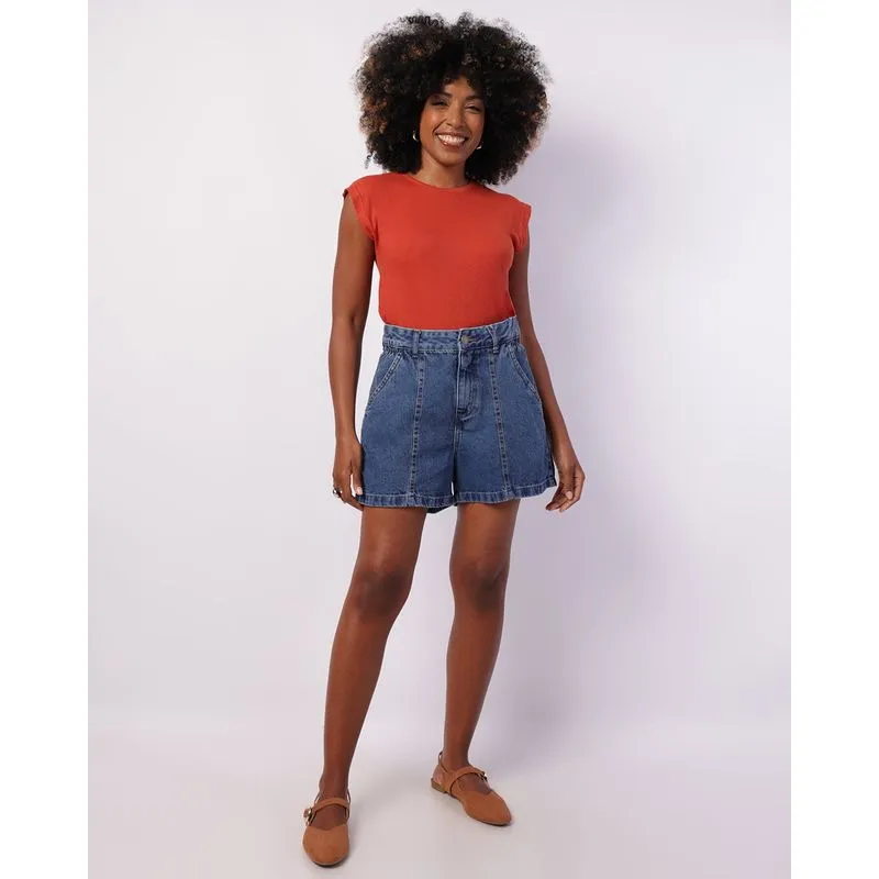Short Jeans Feminino Curto com Recortes Azul 38