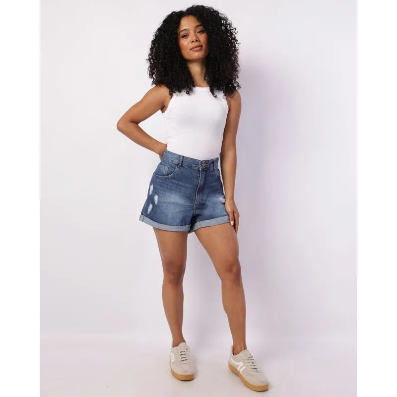 Short Jeans Feminino Curto com Puídos Barra Dobrada Azul 38