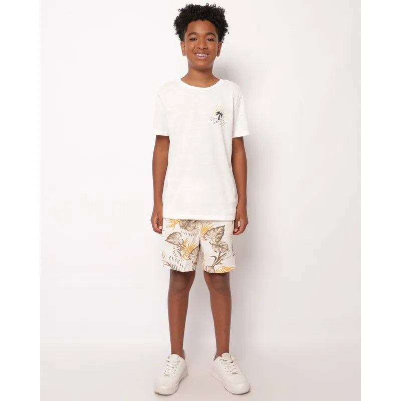 Bermuda Juvenil Reta Estampada Tropical com Bolsos Cós com Elástico Bege 12