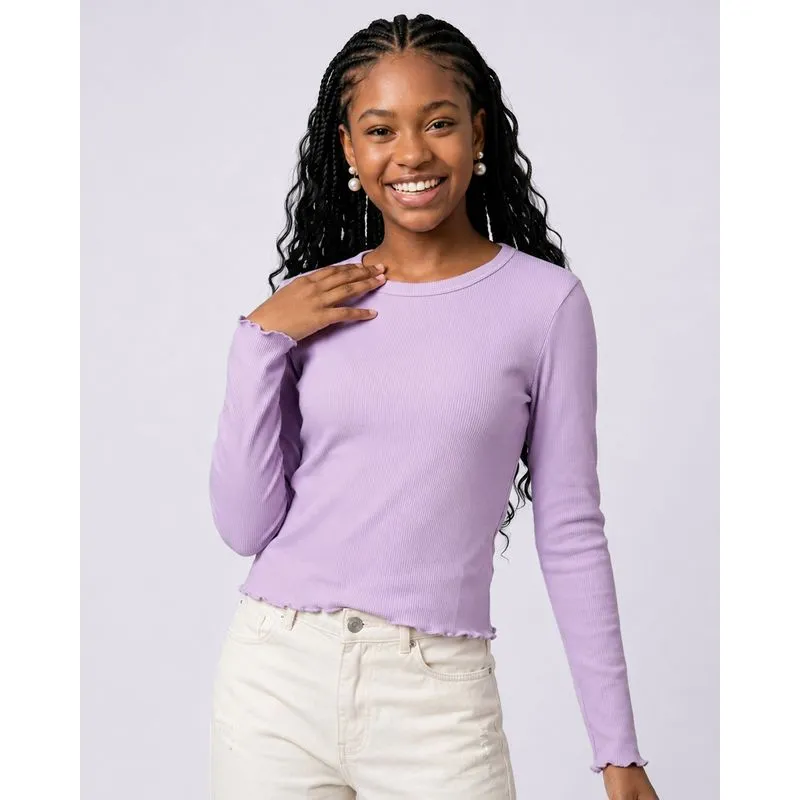 Blusa Juvenil Canelada Frufru Manga Longa Lilás 12