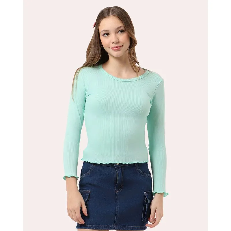 Blusa Juvenil Canelada Frufru Manga Longa Verde 14