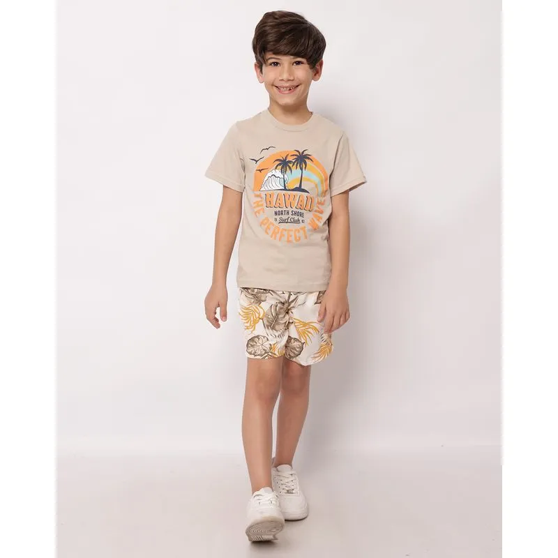 Bermuda Infantil Microfibras Estampa Tropical Bege 10