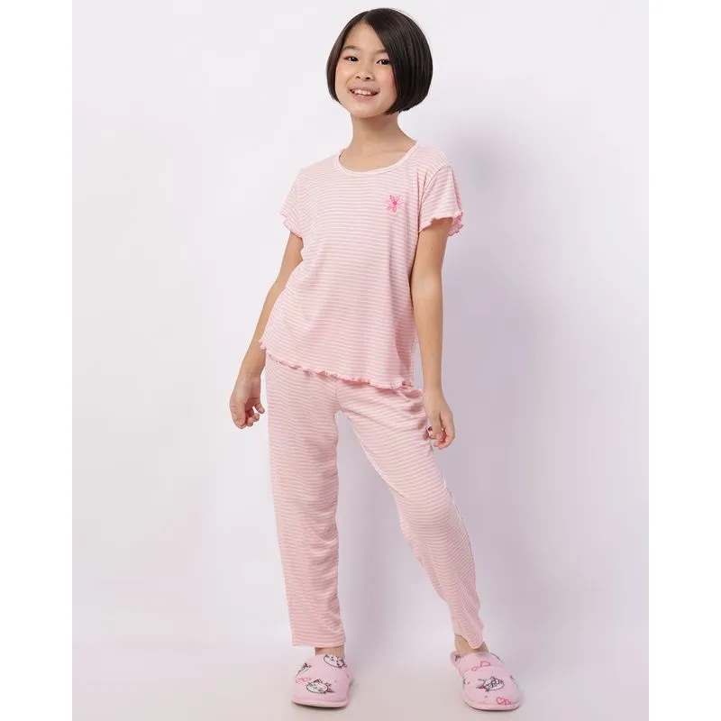 Pijama Infantil Longo Canelado Listrado Rosa 4