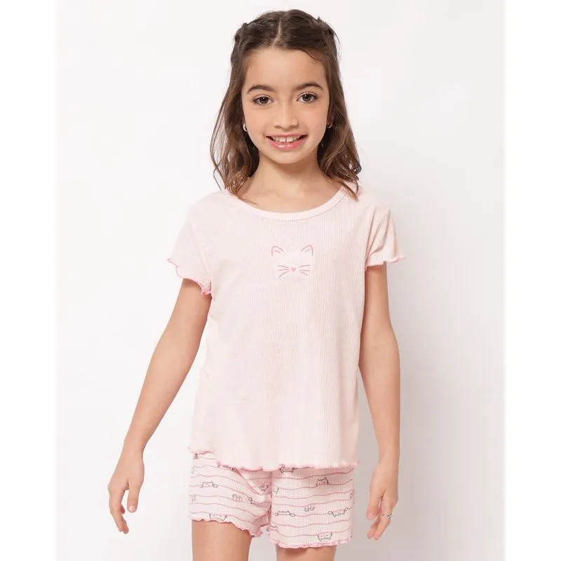Pijama Infantil Curto Ribana com Bordado Estampado Gatinhos Rosa 10