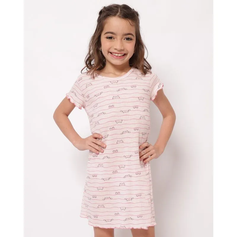 Camisola Infantil Curta Ribana Estampada Gatinhos Rosa 4