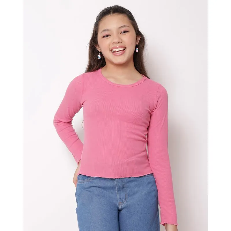 Blusa Juvenil Manga Longa Canelada Frufru Rosa 12