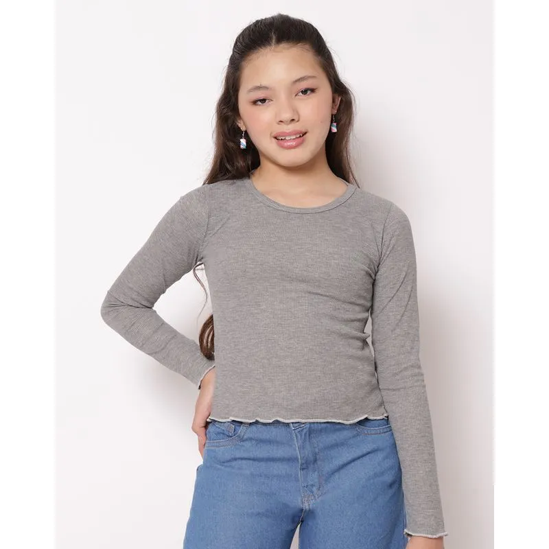 Blusa Juvenil Manga Longa Canelada Frufru Cinza 16