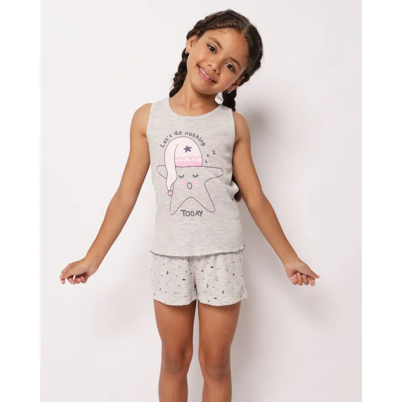 Pijama Infantil Regata Curto Canelado Estampado Céu Cinza 4
