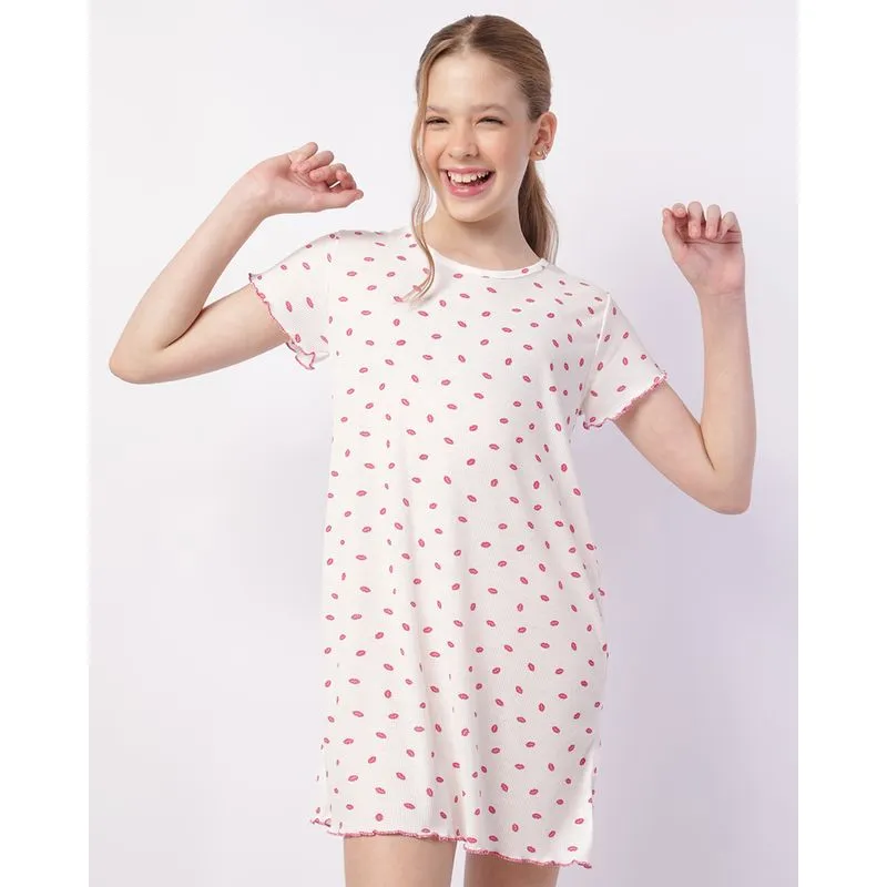 Camisola Juvenil Curta Canelada Estampada Beijos Frufru Branca 14