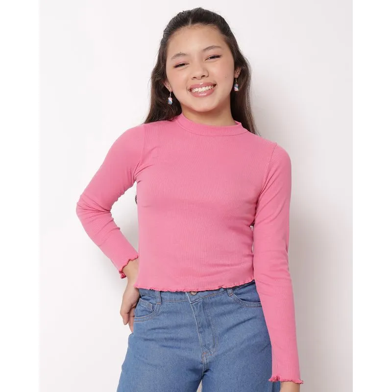 Blusa Juvenil Manga Longa Gola Alta Canelada Frufru Rosa 10