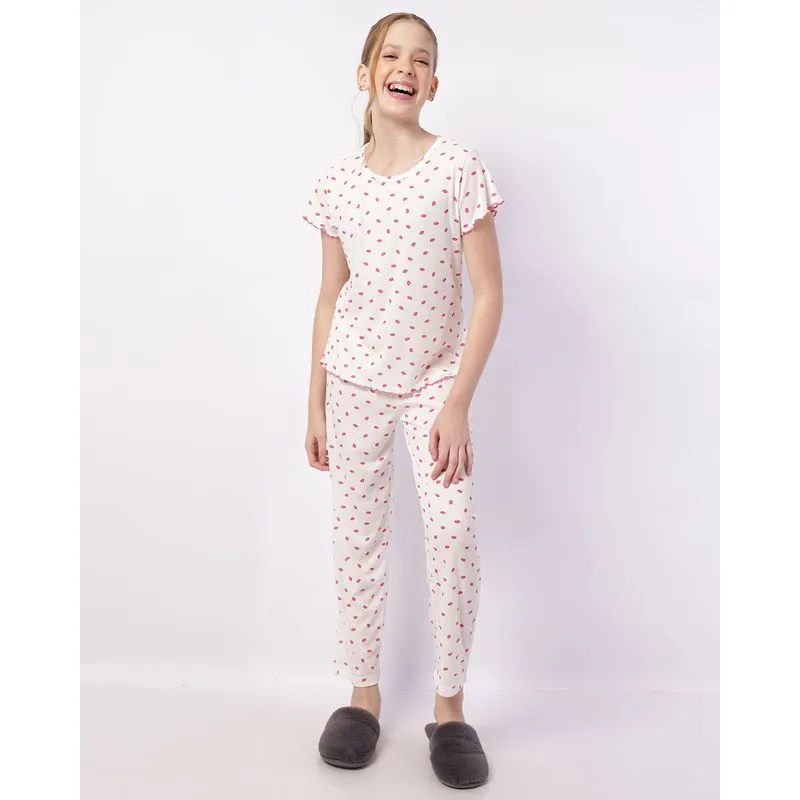 Pijama Juvenil Longo Canelado Estampado Beijos Frufru Branco 16