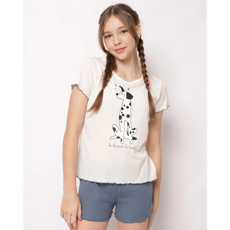 Pijama Juvenil Curto Canelado com Estampa Cachorro Frufru Azul 14